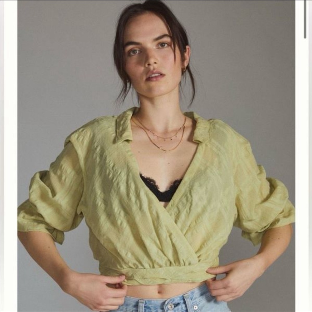 Anthropologie Women’s Banded Surplice V Neck Blouse Moss Green